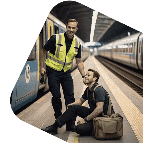 A passenger taken ill seats on the platform