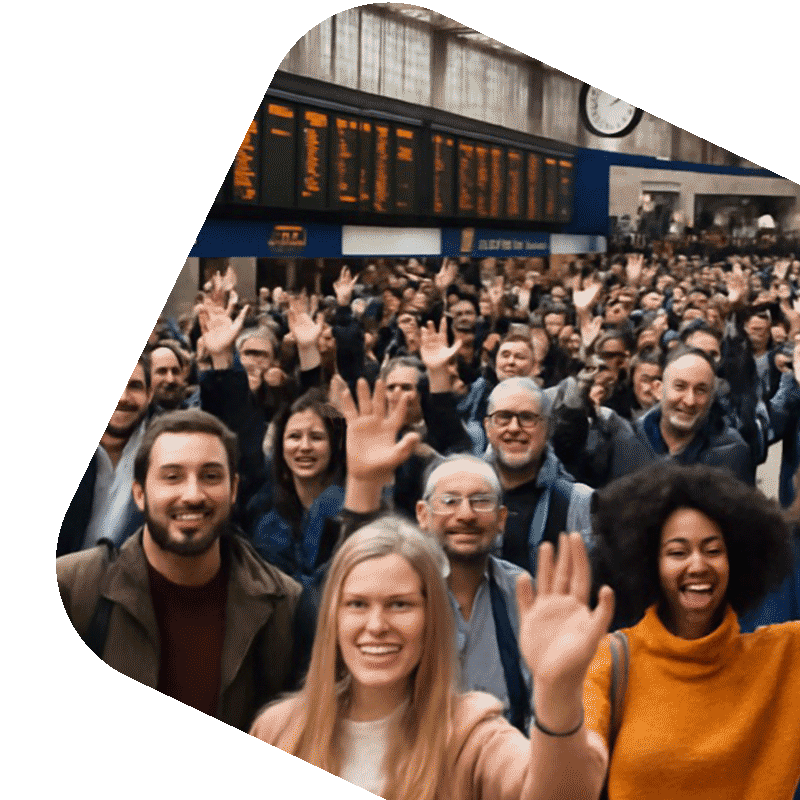 Happy customers on a railway platform