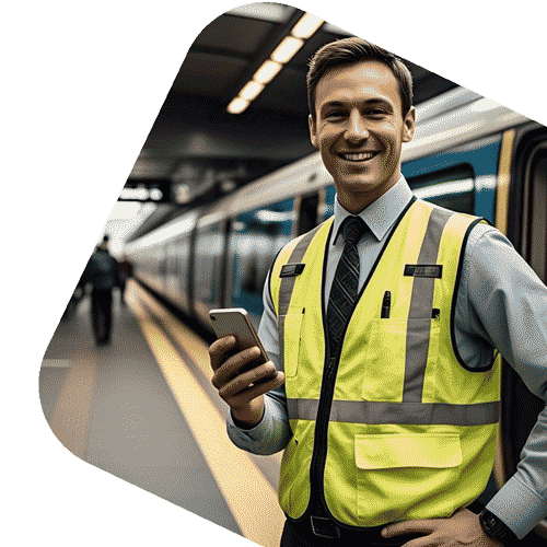 Happy rail worker using app on mobile phone