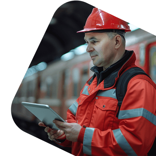 Happy railways worker using an app on a tablet device