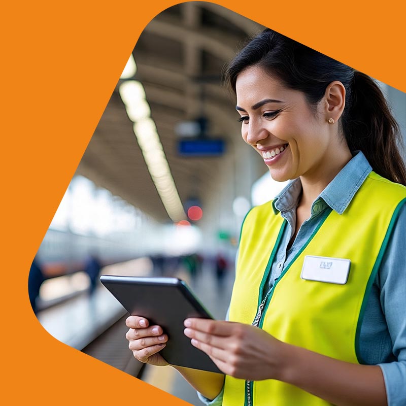 Happy railways worker using an app on a tablet device