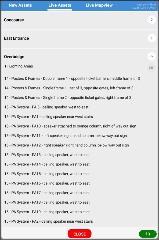 Rail Live Assets Management Screen