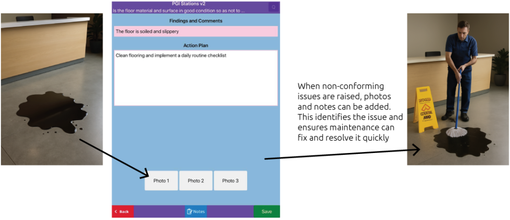 PGI compliance app screen, dealing with a spillage.