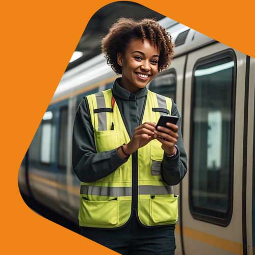 Happy rail worker using app on mobile phone
