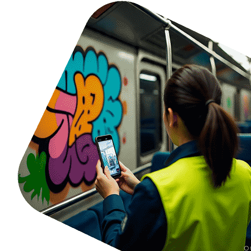 Using the mobile app to record a case of graffiti on a train